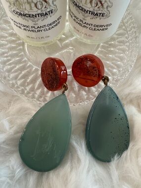 Handcrafted Teardrop Dangle Earrings - Green Teal and Amber